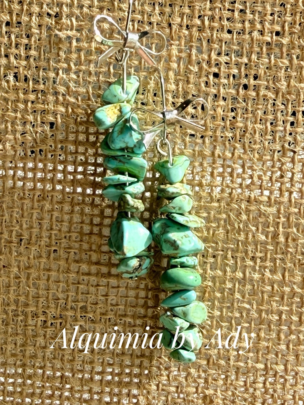 Teal Green Turquoise Chip Dangle Earrings with Silver Bows